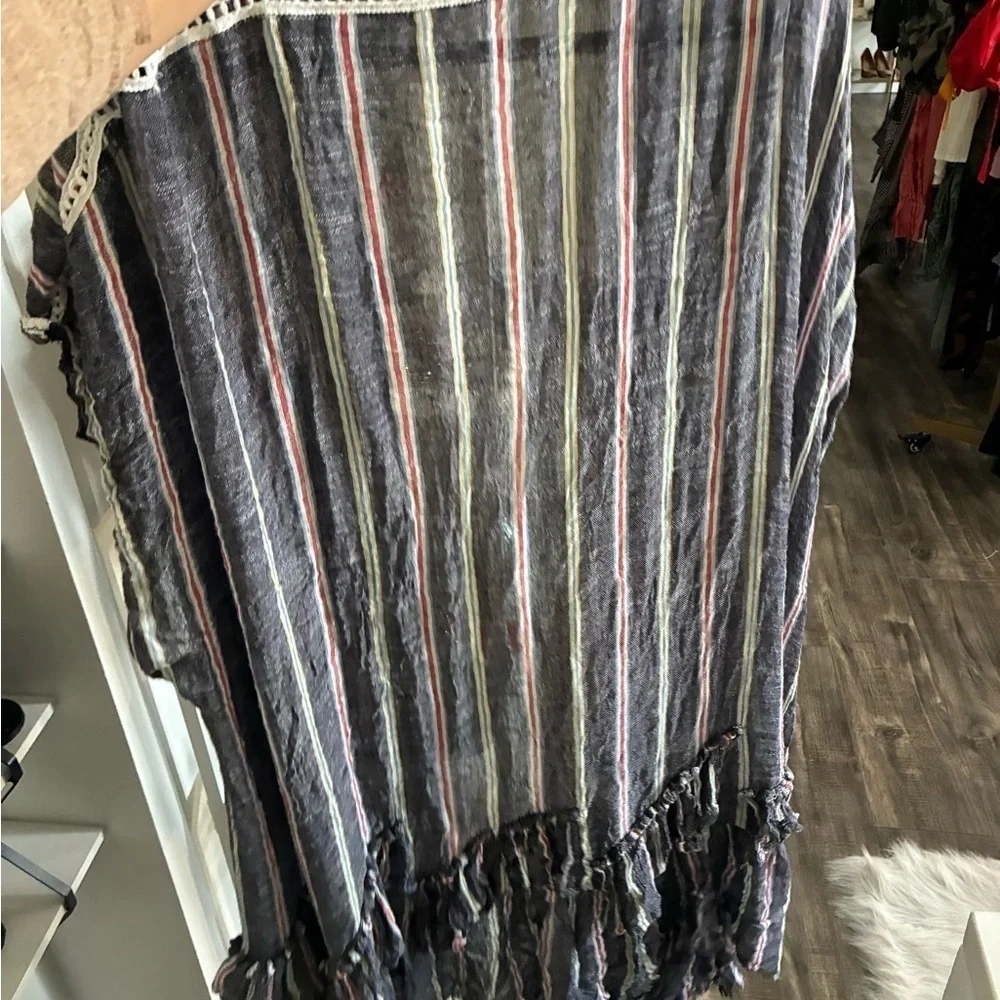 Free People- There She Goes Ruffle Stripe Kimono - Denim - OS